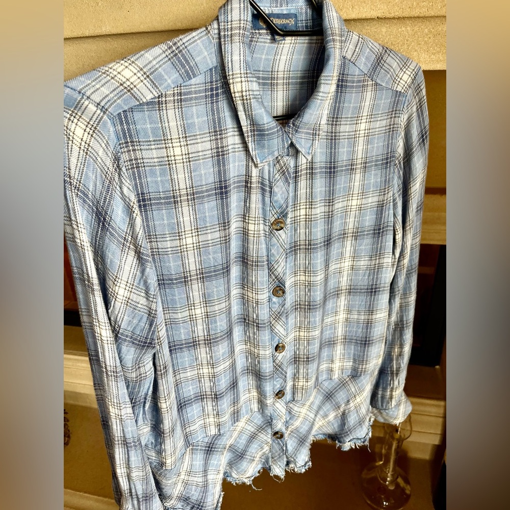 Cozy plaid Democracy button down blouse with Peplum hem.light blue gray &white